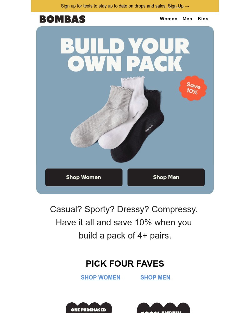 Screenshot of email sent to a Bombas Newsletter subscriber