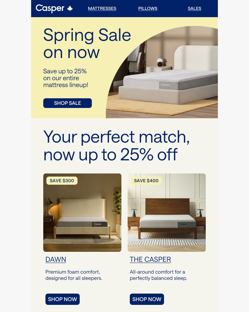 Screenshot of email sent to a Casper Newsletter subscriber