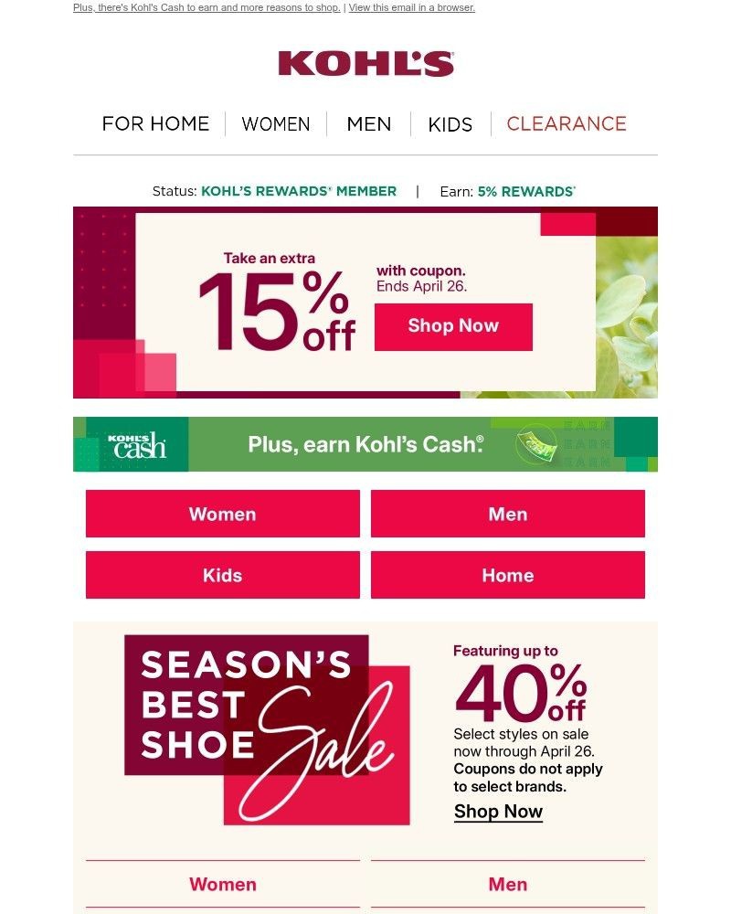 Screenshot of email sent to a Kohls Registered user