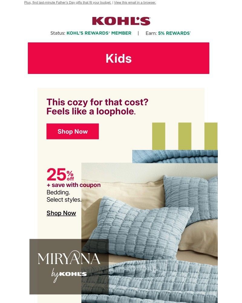 Screenshot of email sent to a Kohls Registered user