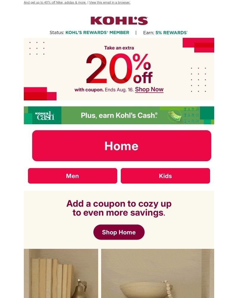 Screenshot of email sent to a Kohls Registered user