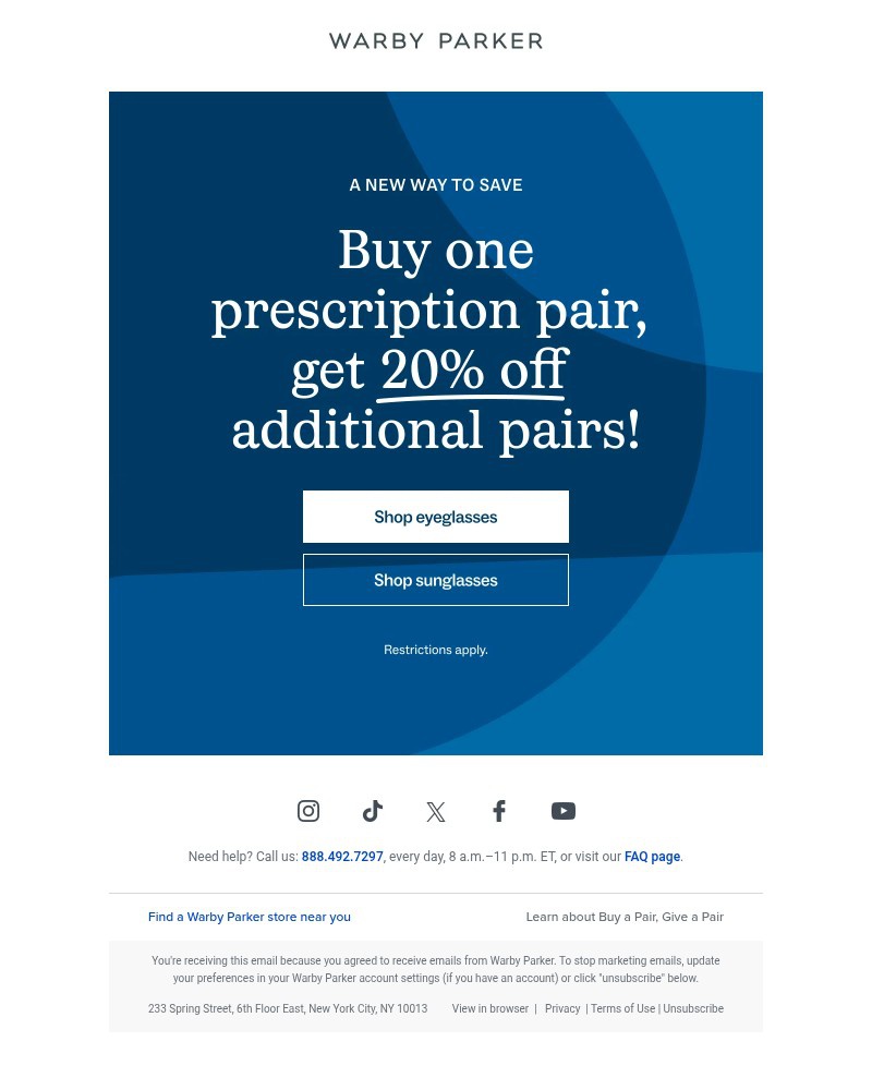 Screenshot of email sent to a Warby Parker Newsletter subscriber