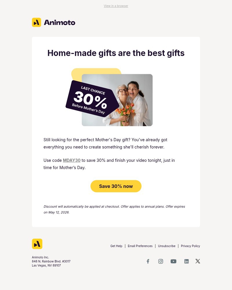 Screenshot of email sent to a Animoto Registered user