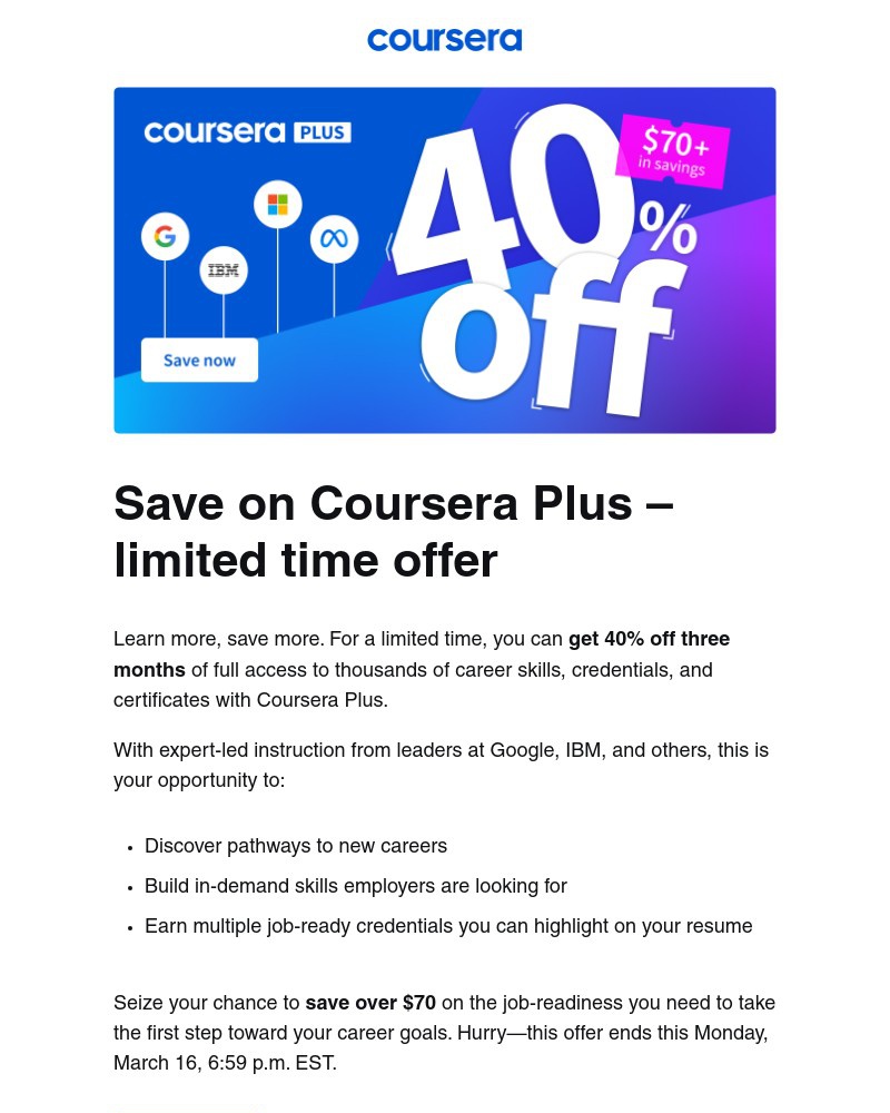 Screenshot of email sent to a Coursera Registered user