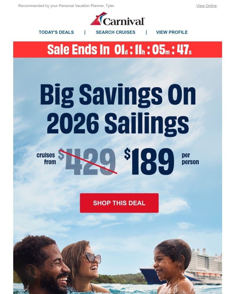 Screenshot of email sent to a Carnival Cruise Line Registered user