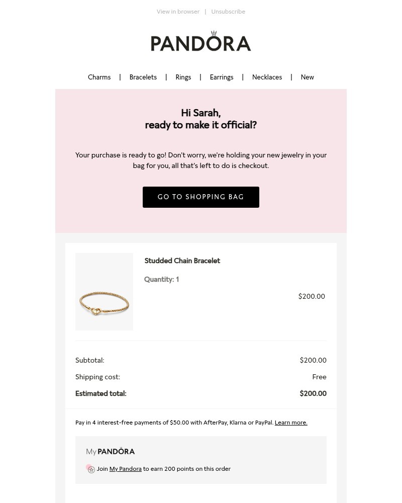 Screenshot of email sent to a Pandora Newsletter subscriber