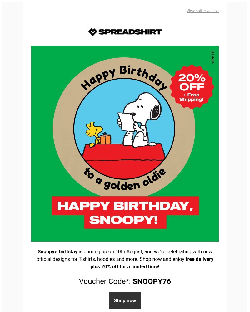 Screenshot of email sent to a Spreadshirt Newsletter subscriber