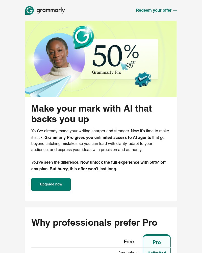 Screenshot of email sent to a Grammarly Registered user