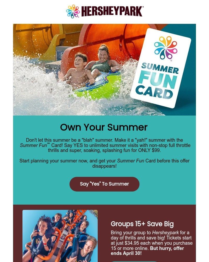 Screenshot of email sent to a Hershey Park Newsletter subscriber