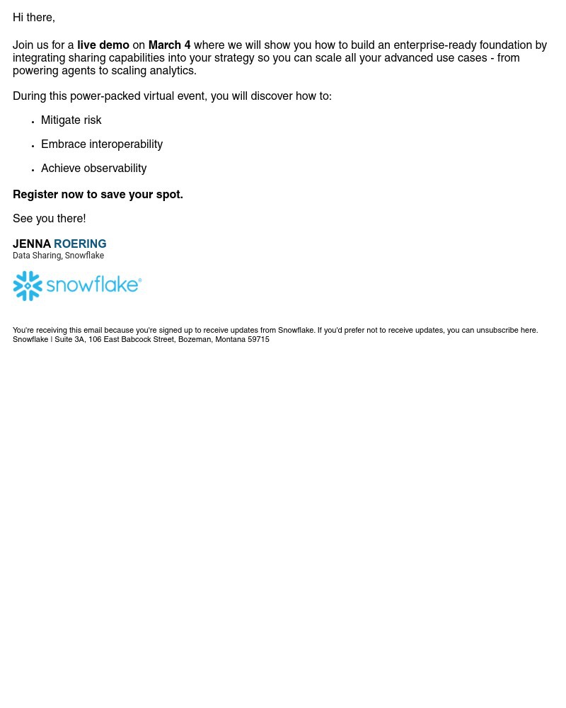 Screenshot of email sent to a Snowflake Newsletter subscriber
