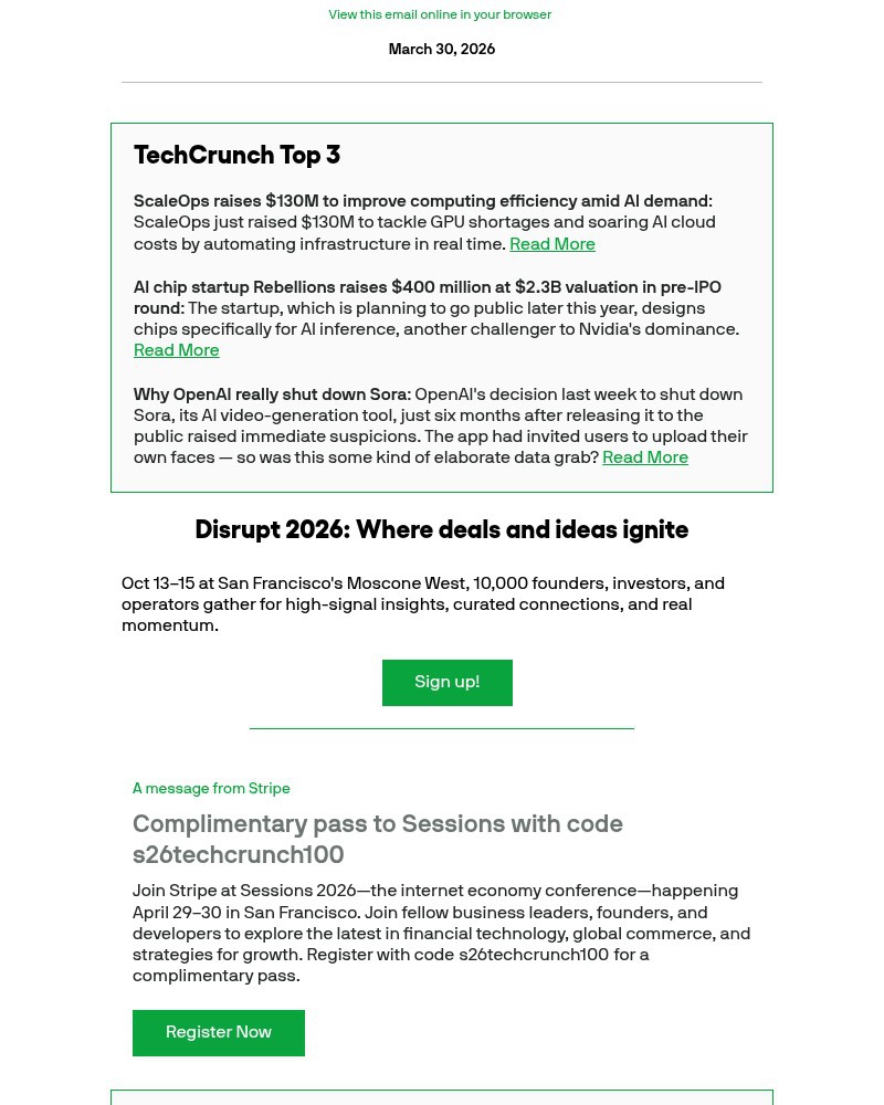 Screenshot of email sent to a Techcrunch Newsletter subscriber