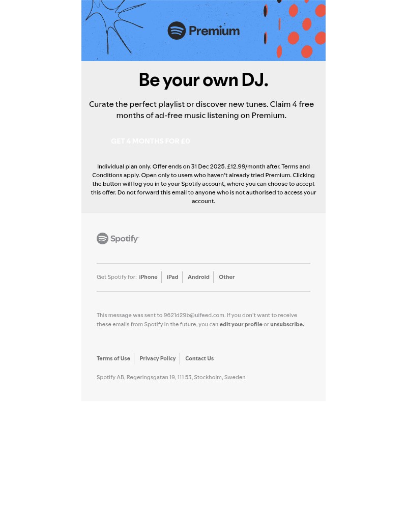 Screenshot of email sent to a Spotify Registered user