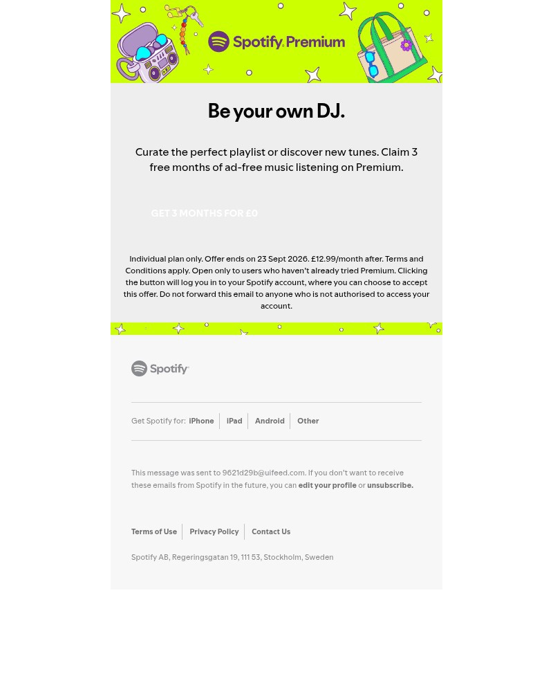 Screenshot of email sent to a Spotify Registered user