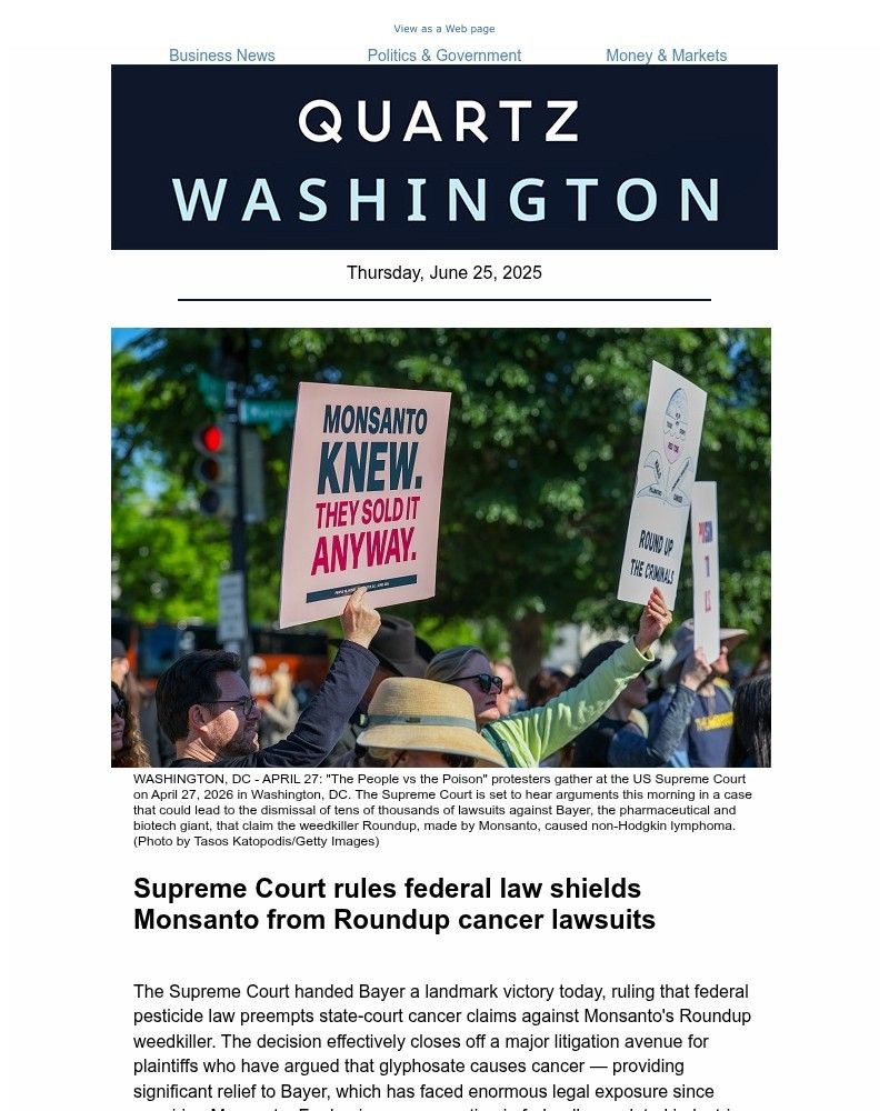 Screenshot of email sent to a Quartz Newsletter subscriber