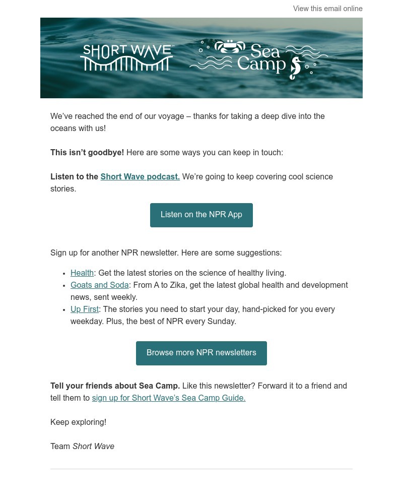 Screenshot of email sent to a NPR Newsletter subscriber