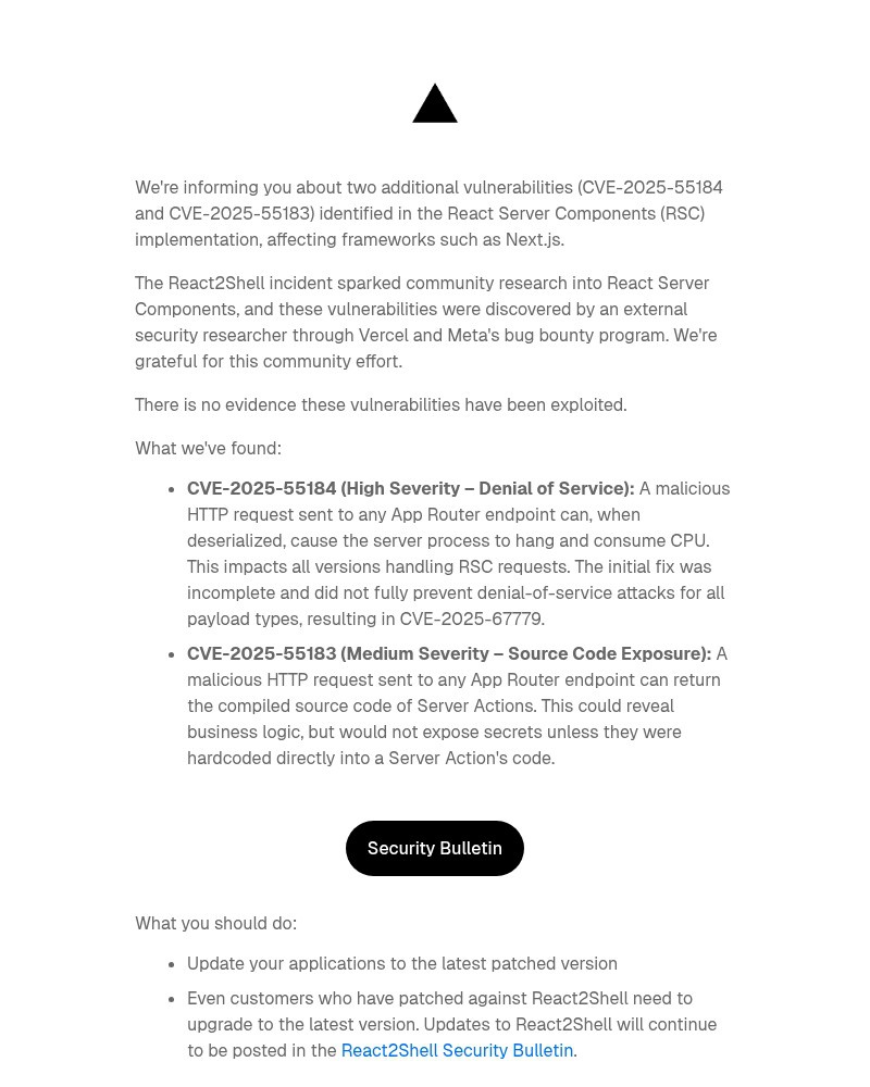 Screenshot of email sent to a Vercel Registered user