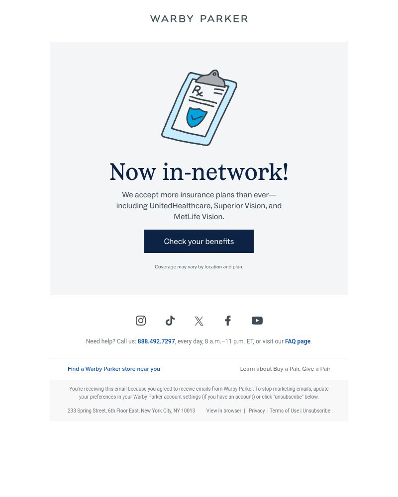 Screenshot of email sent to a Warby Parker Newsletter subscriber