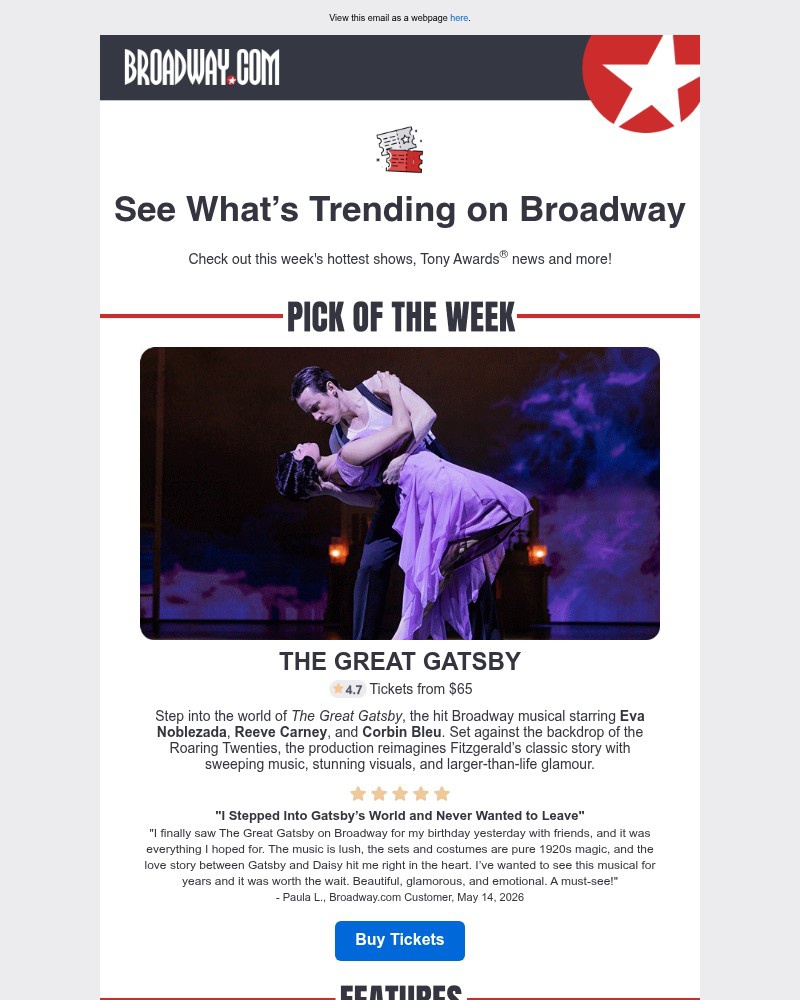Screenshot of email sent to a Broadway NYC Newsletter subscriber