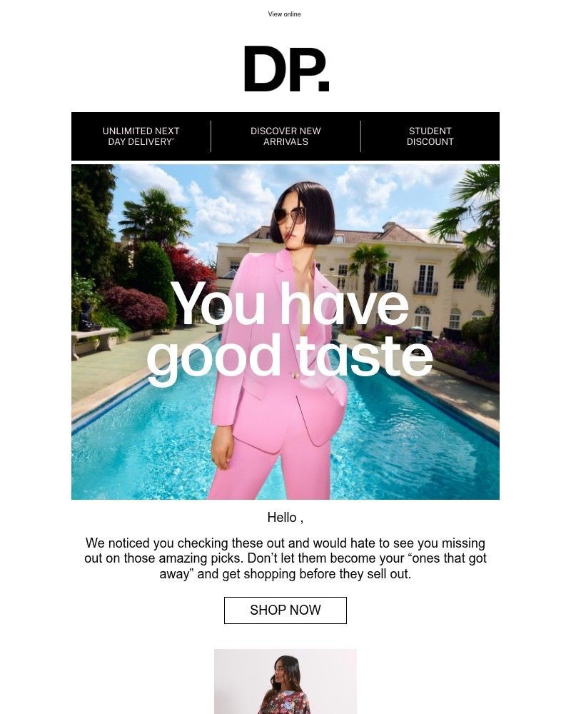 Screenshot of email sent to a Dorothy Perkins Newsletter subscriber