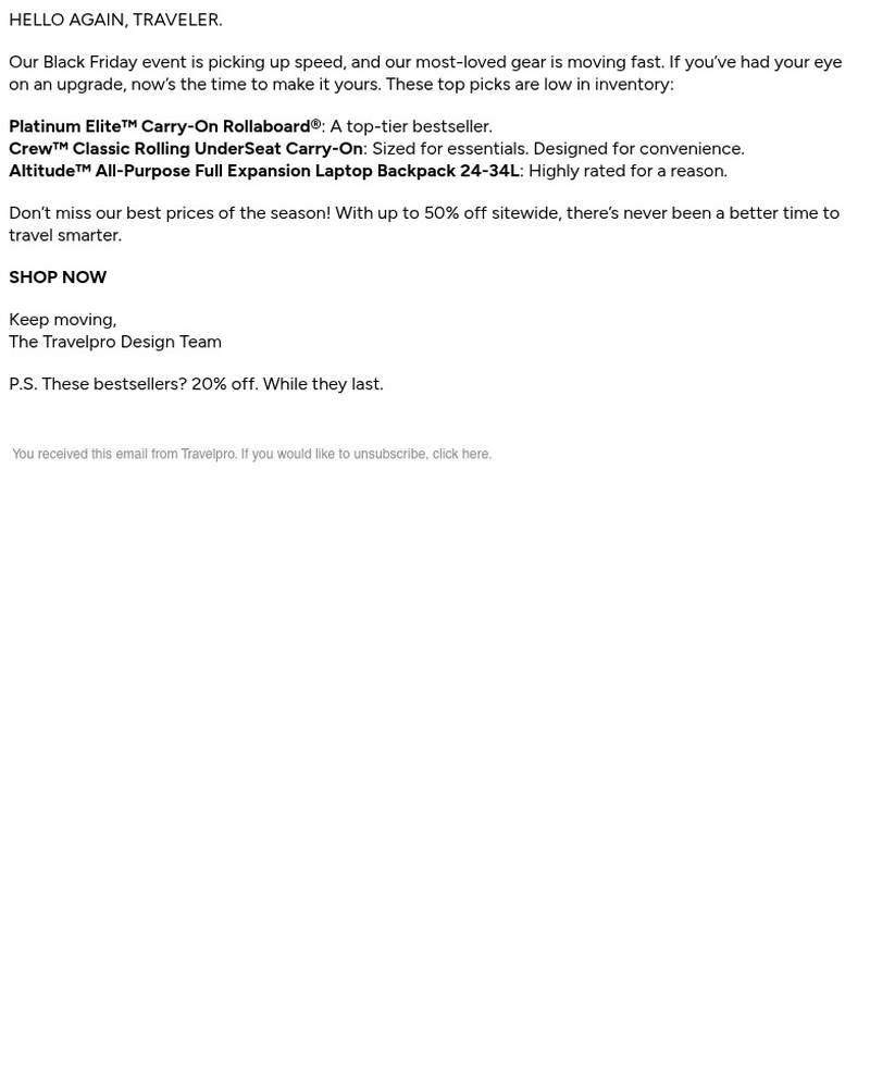 Screenshot of email sent to a Travelpro Newsletter subscriber