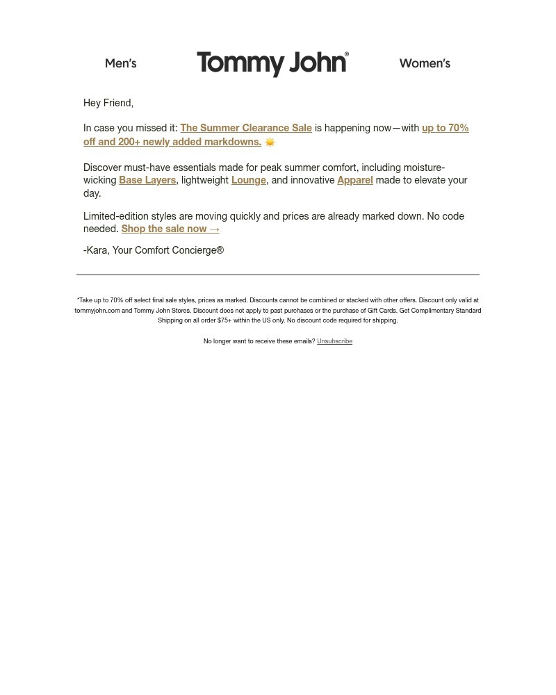 Screenshot of email sent to a Tommy John Newsletter subscriber