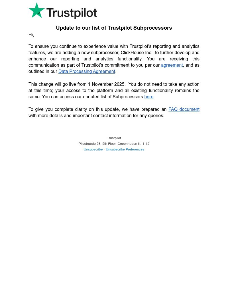 Screenshot of email sent to a Trustpilot Business user