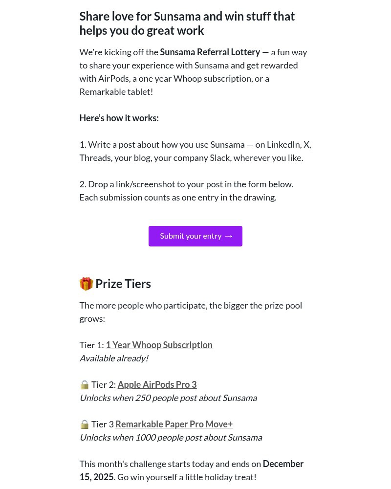 Screenshot of email sent to a Sunsama Registered user