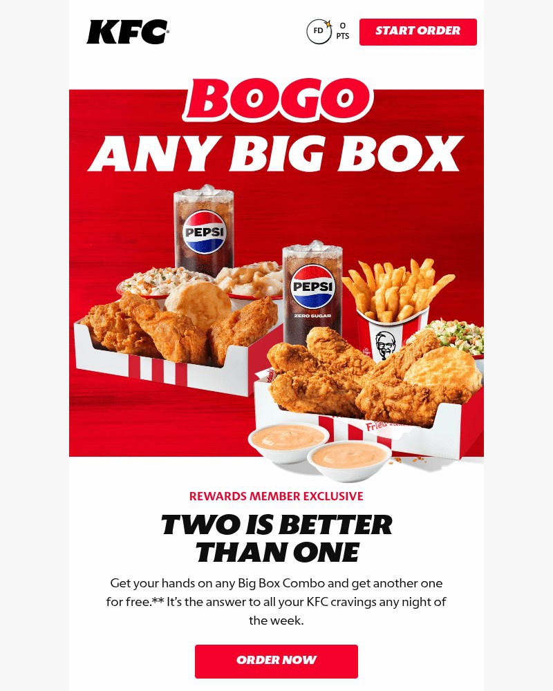 Screenshot of email sent to a Kentucky Fried Chicken Registered user