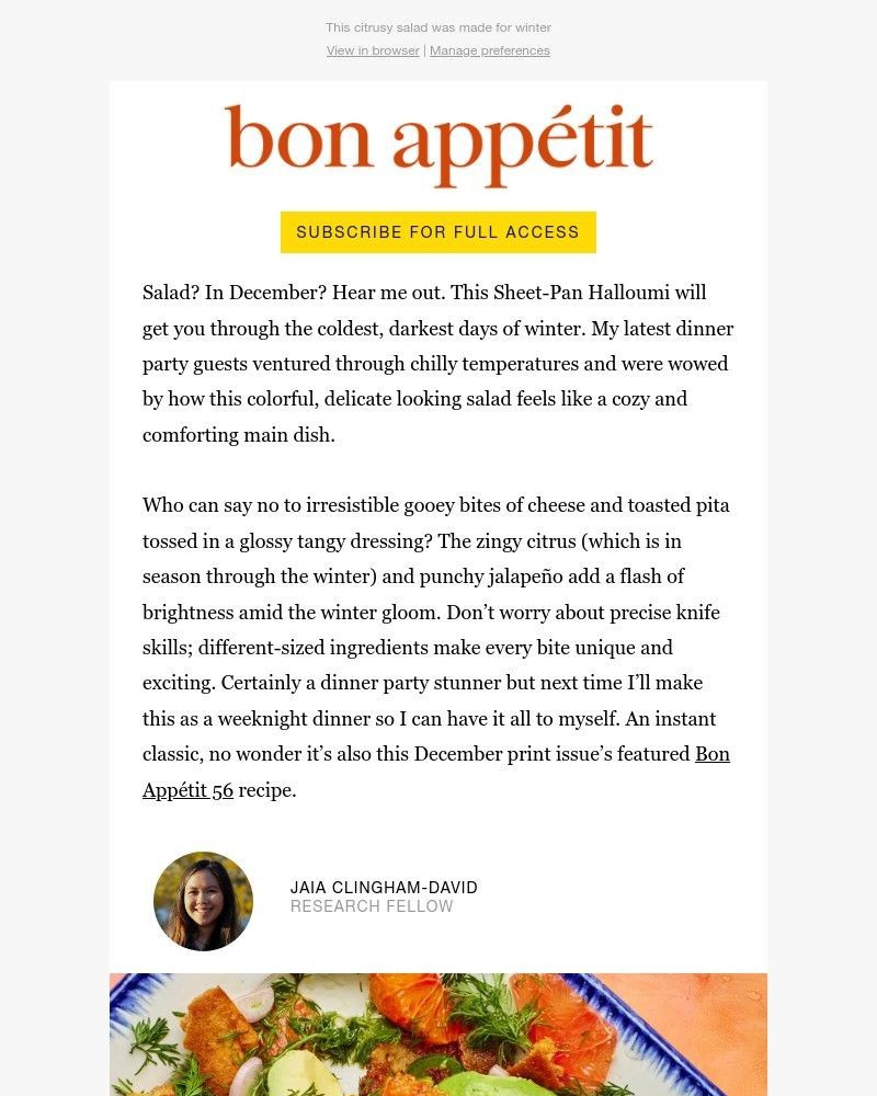 Screenshot of email sent to a Bon Appétit Newsletter subscriber