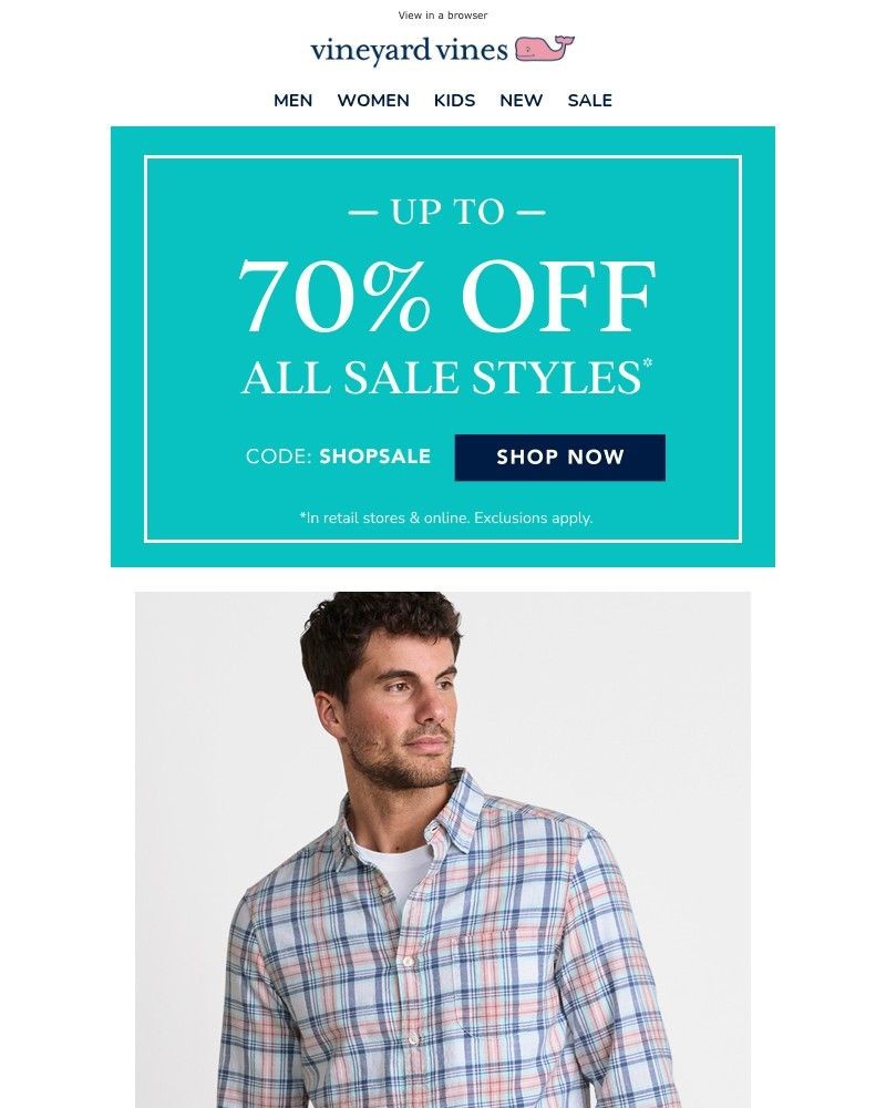Screenshot of email sent to a Vineyard Vines Newsletter subscriber
