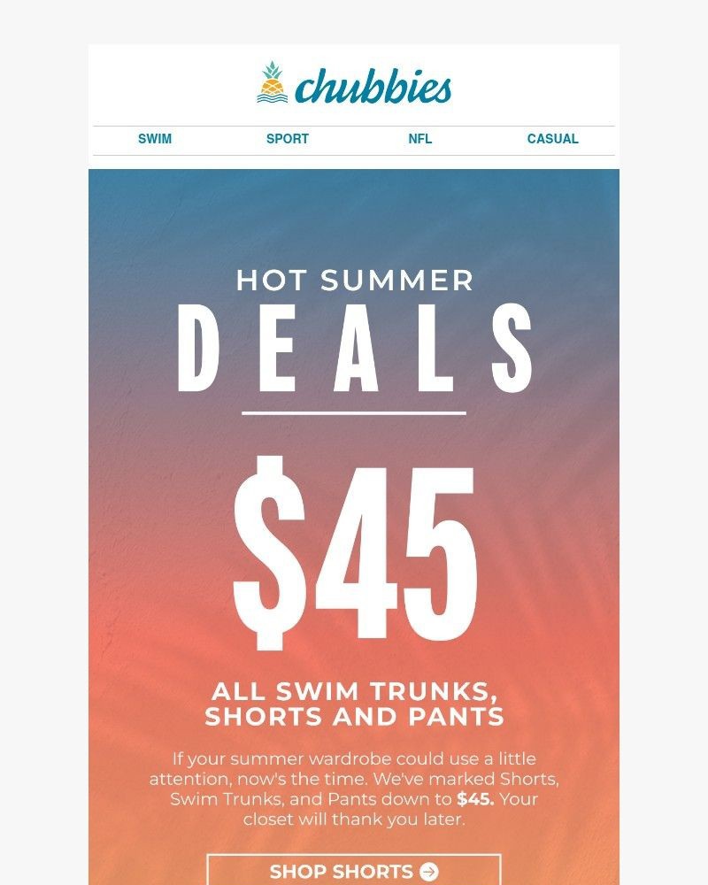 Screenshot of email sent to a Chubbies Newsletter subscriber