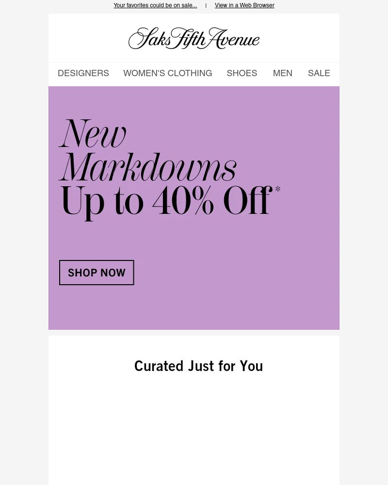 Screenshot of email sent to a Saks Fifth Avenue Newsletter subscriber
