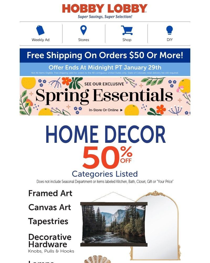 Screenshot of email sent to a Hobby Lobby Newsletter subscriber