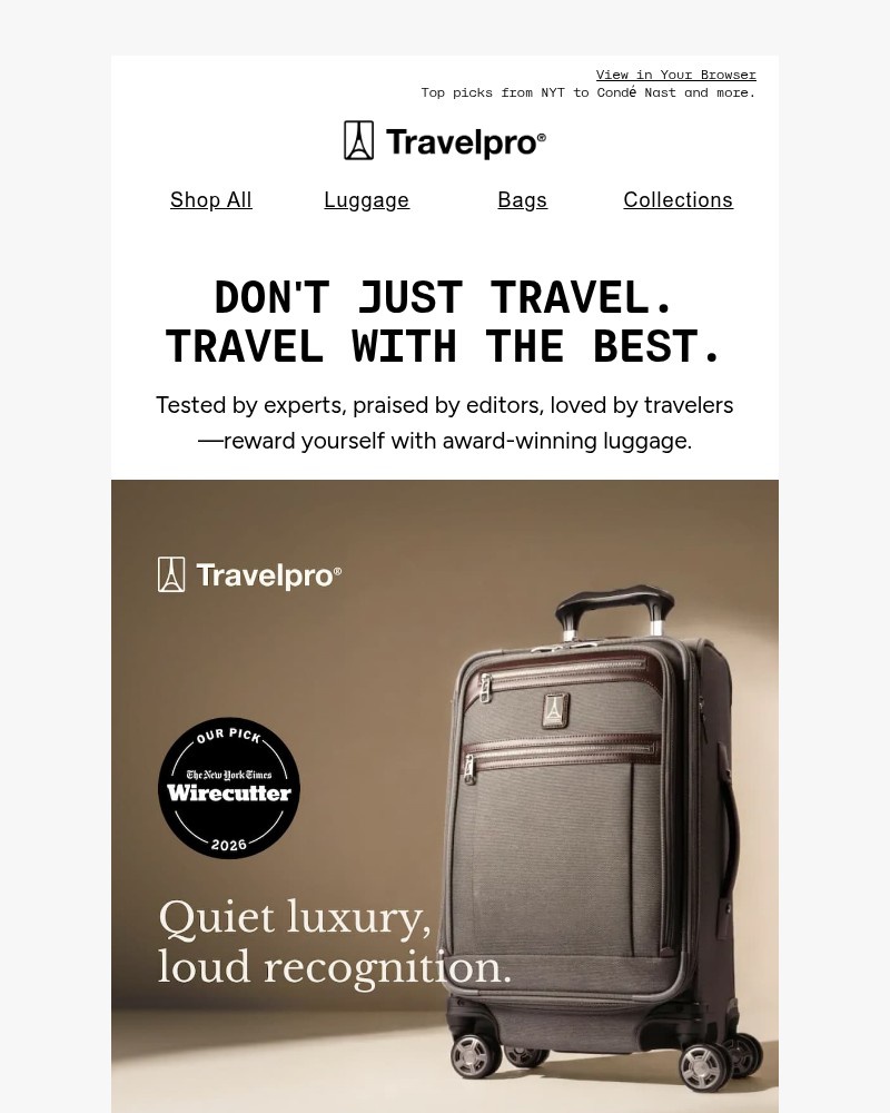 Screenshot of email sent to a Travelpro Newsletter subscriber