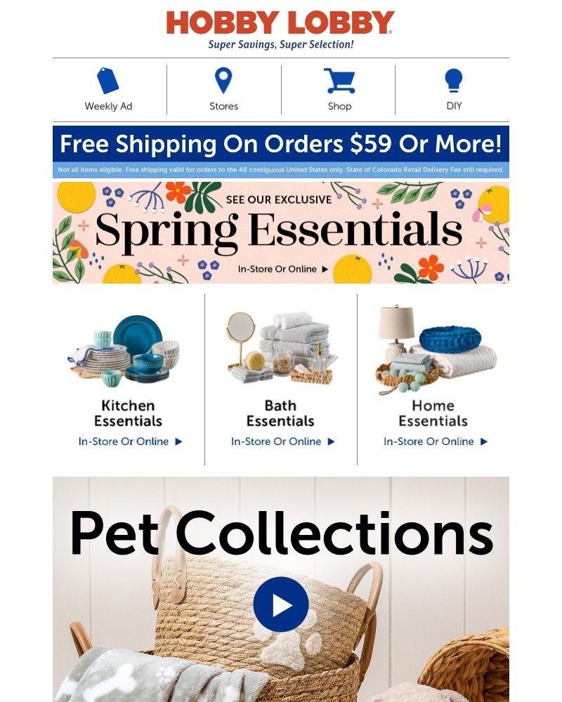 Screenshot of email sent to a Hobby Lobby Newsletter subscriber