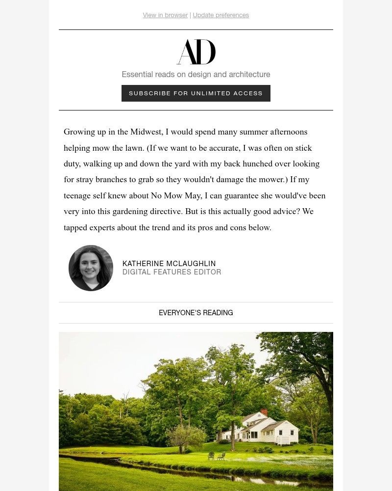 Screenshot of email sent to a Architectural Digest Newsletter subscriber