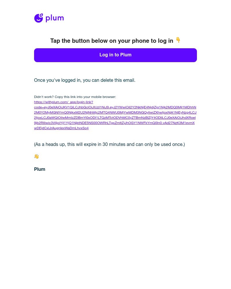 Screenshot of email sent to a Plum Registered user