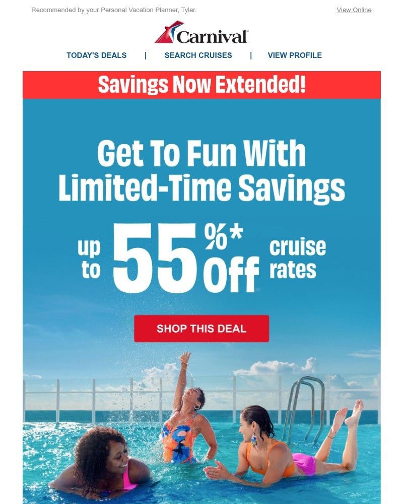 Screenshot of email sent to a Carnival Cruise Line Registered user