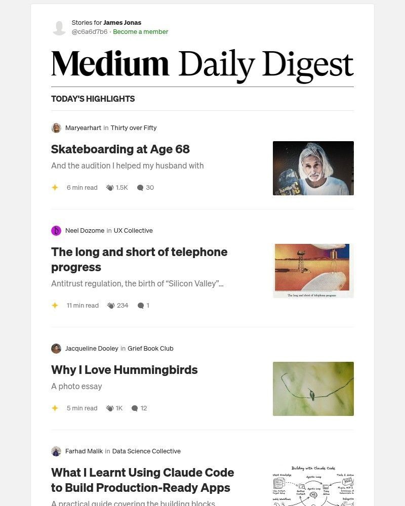 Screenshot of email sent to a Medium Registered user