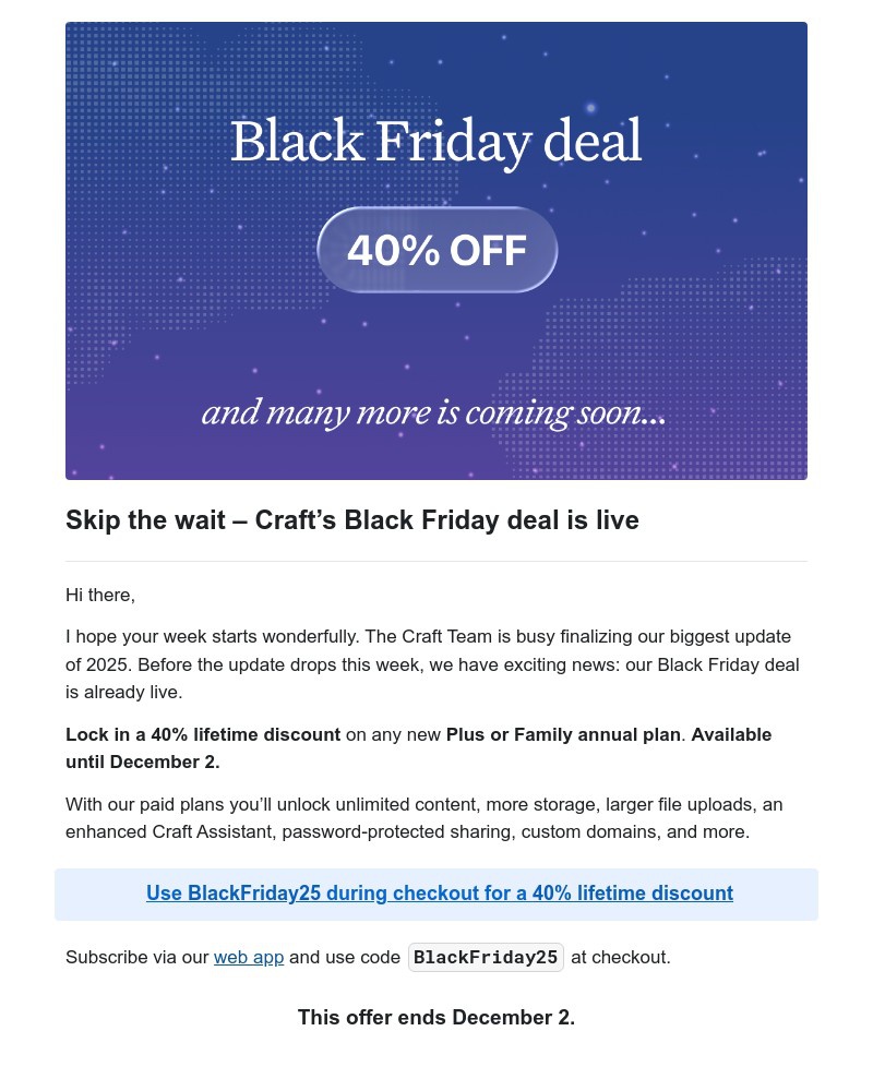 Screenshot of email sent to a Craft Registered user