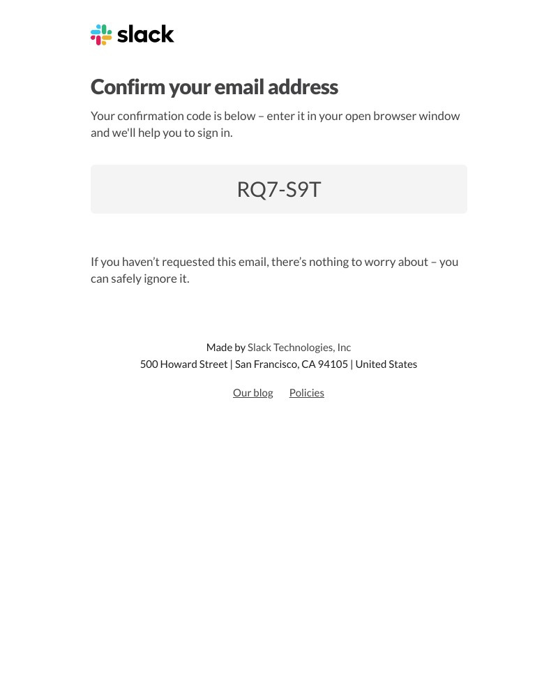 Screenshot of email sent to a Slack Registered user