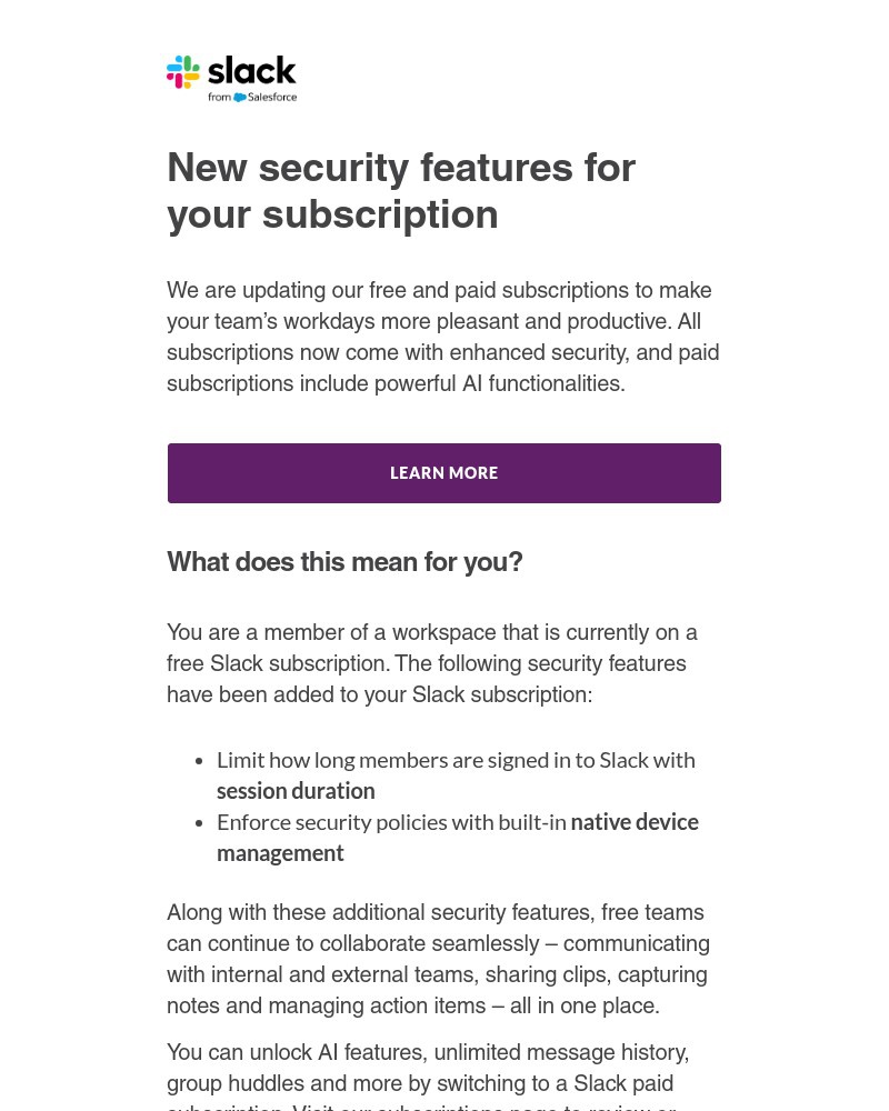 Screenshot of email with subject /media/emails/slacks-free-subscription-will-now-include-additional-security-features-41dc0c-cro_yjK78D3.jpg
