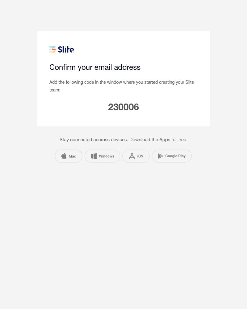 Screenshot of email sent to a Slite Registered user
