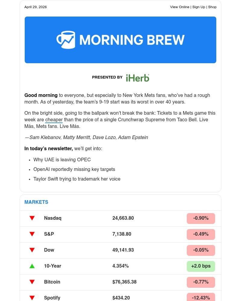 Screenshot of email sent to a Morning Brew Newsletter subscriber