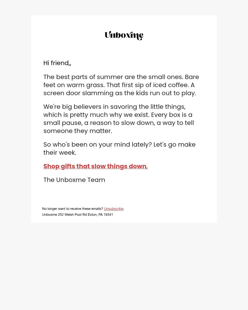Screenshot of email sent to a Unboxme Newsletter subscriber