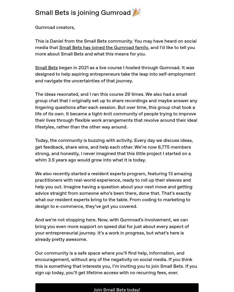 Screenshot of email with subject /media/emails/small-bets-is-joining-gumroad-1f8789-cropped-0ec82843.jpg