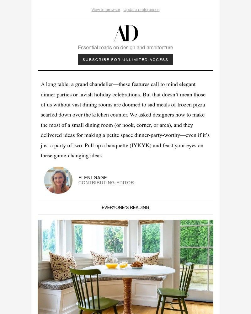 Screenshot of email sent to a Architectural Digest Newsletter subscriber