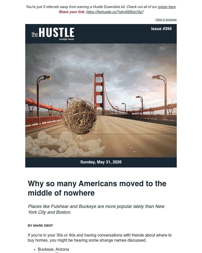 Screenshot of email sent to a The Hustle Newsletter subscriber