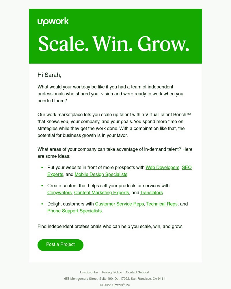 Screenshot of email sent to a Upwork Employer