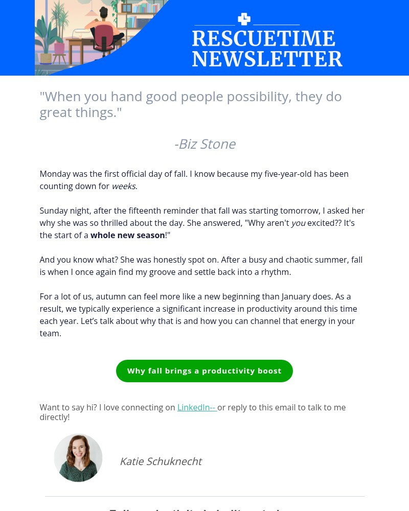 Screenshot of email sent to a RescueTime Newsletter subscriber